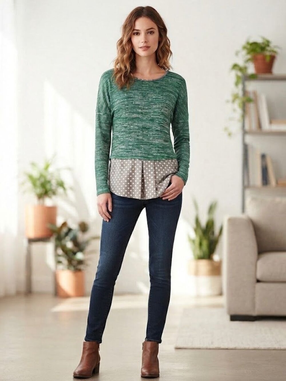 Le Lis Green Knit Long Sleeve Top With Gray Polka Dot Chiffon Hem Womens L